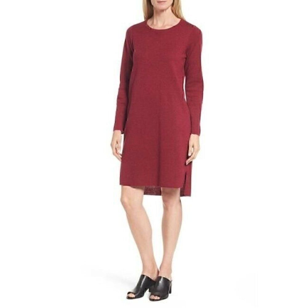 Eileen Fisher Dress Size L Petite Midi Long Sleeve Dress Women's Slit Viscose